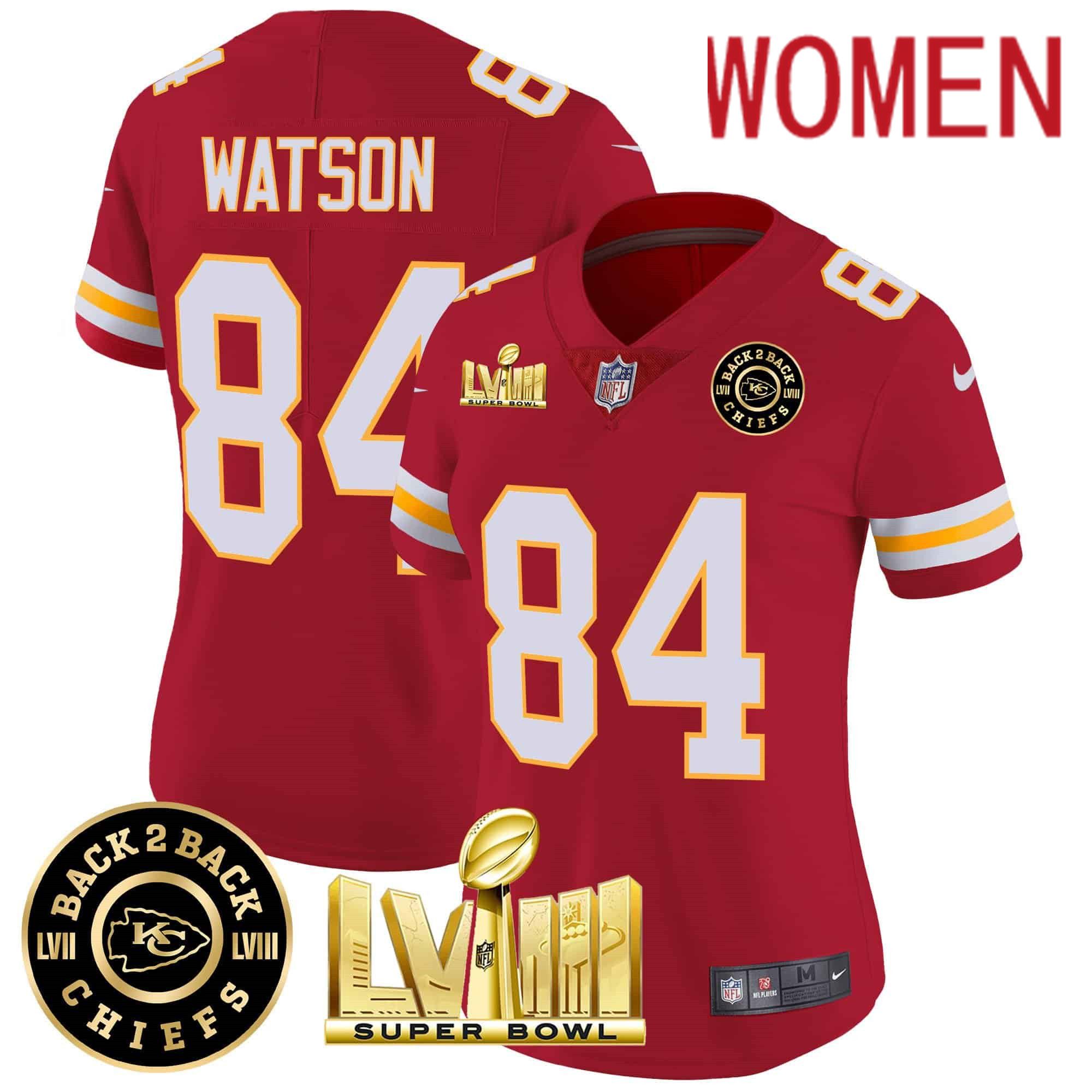 Women Kansas City Chiefs #84 Watson Red 2024 Nike Super Bowl LVIII & Back-2-Back Patch Vapor NFL Jersey style 3